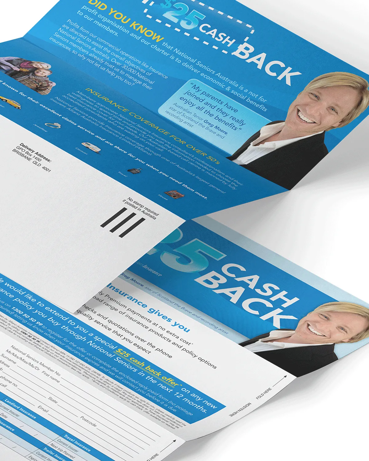 Folded blue and white pamphlet offering $25 cashback on insurance for National Seniors Australia.