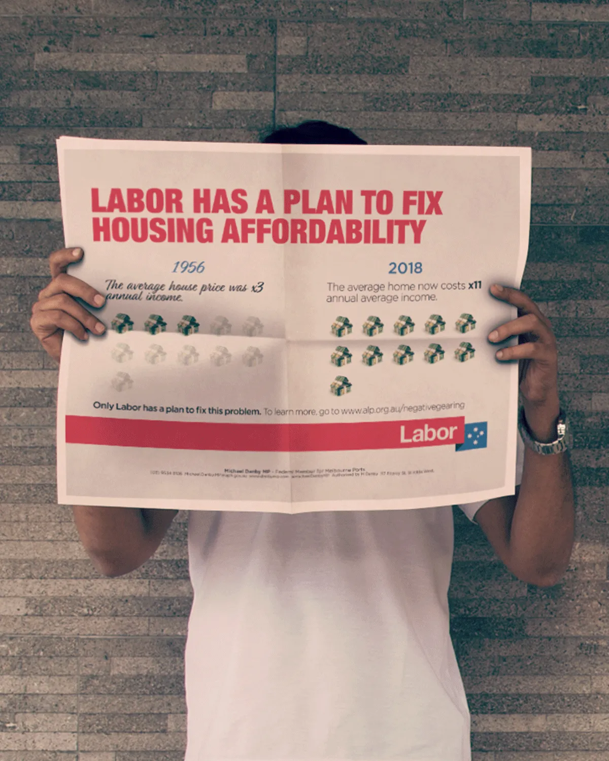 Person holding a sign about Labor's plan to fix housing affordability with house price comparisons from 1956 to 2018.