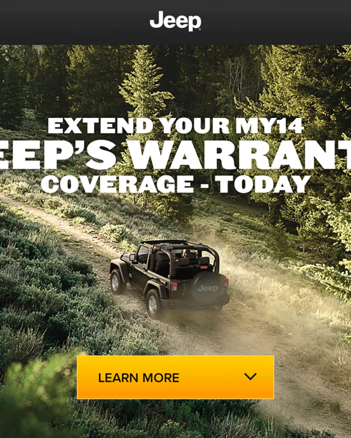 Black Jeep driving on a dirt trail through a green forest with text about extending warranty coverage.