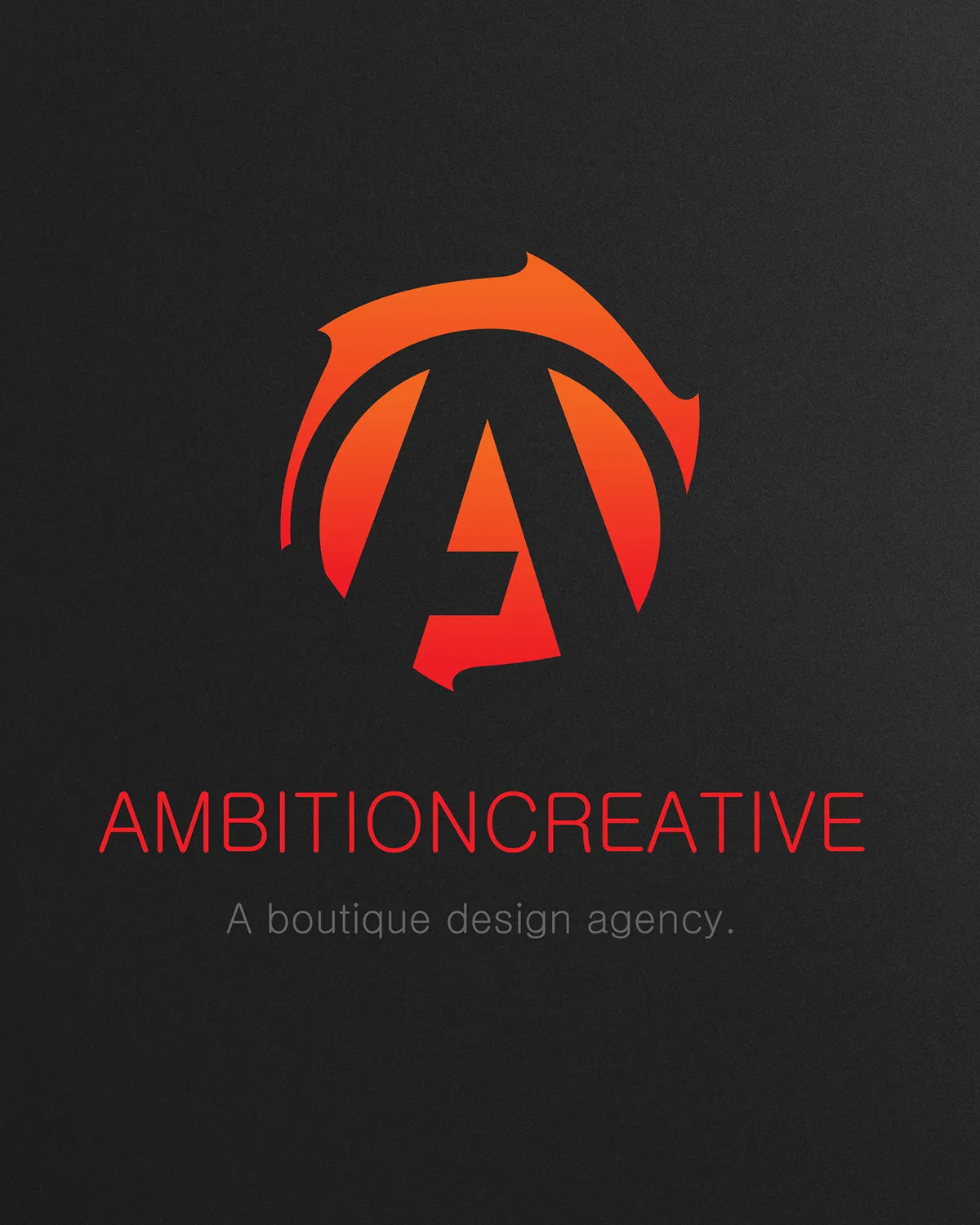 Orange stylized letter A logo above text Ambition Creative and tagline A boutique design agency.