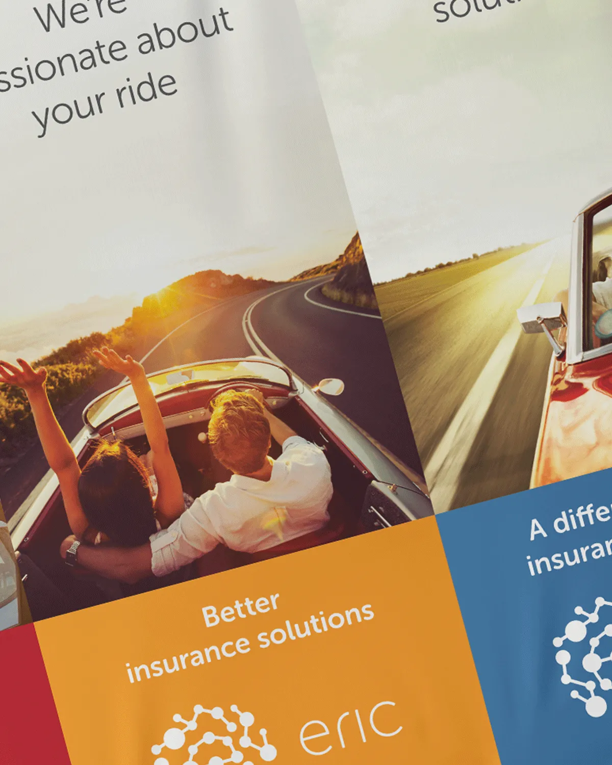 Rear view of couple in convertible driving at sunset on winding road with text Better insurance solutions.