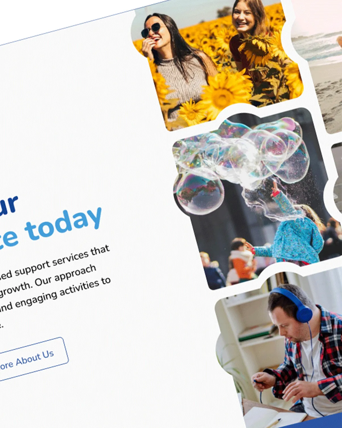 Respect Connect website - collage of people outdoors and indoors: two women with sunflowers, child with bubbles, man wearing headphones.