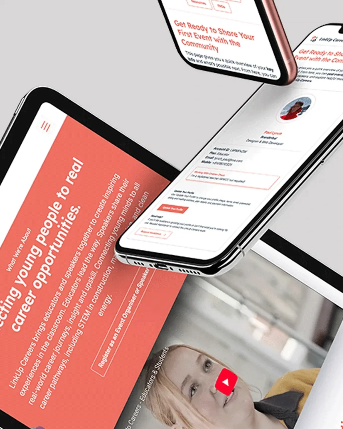 Mobile phones and tablet displaying a career opportunities website for young people and educators.
