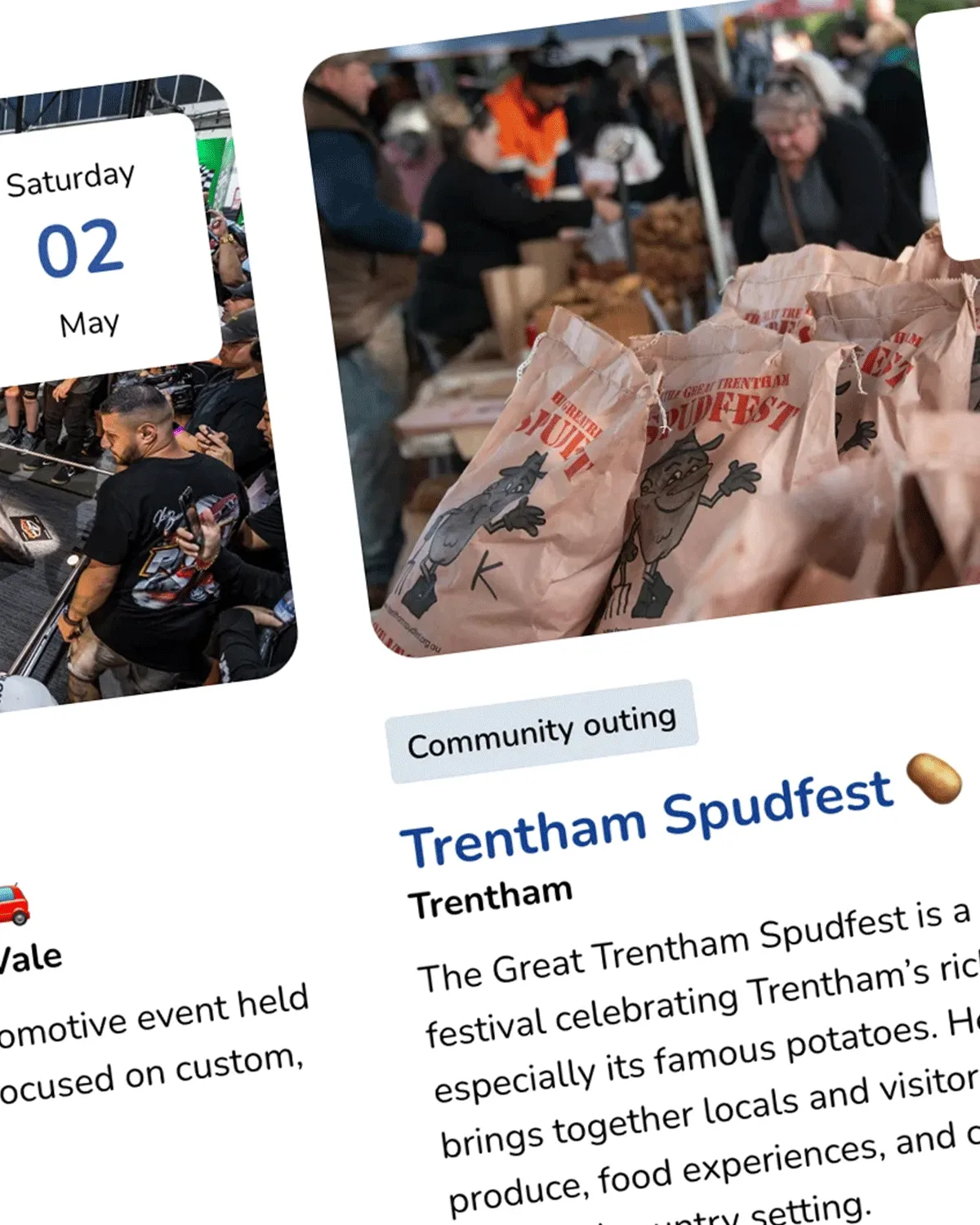 Paper bags with Great Trentham Spudfest mascot at a busy festival stall with people in background.