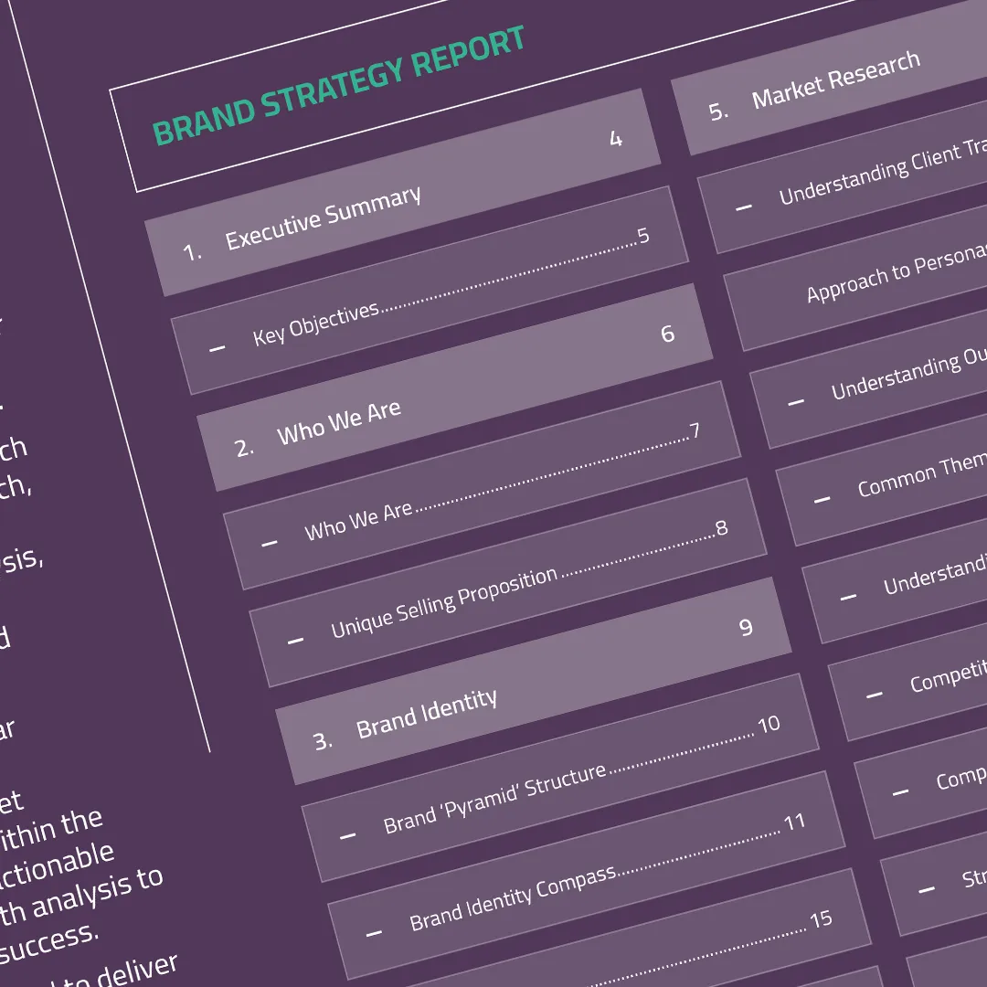 Partial table of contents from a brand strategy report showing section titles and page numbers on purple background.