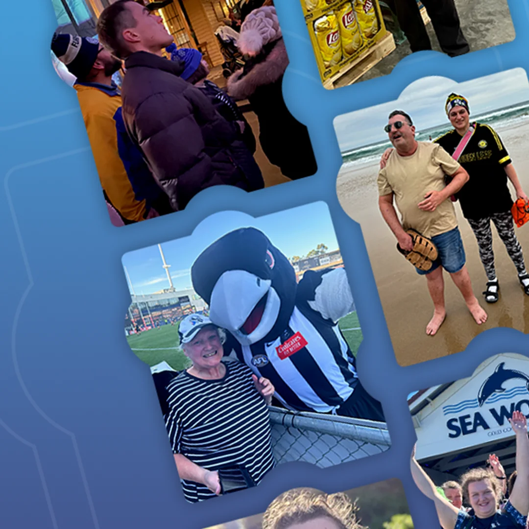 Collage of people at outdoor events including a fan with a sports mascot and beachgoers