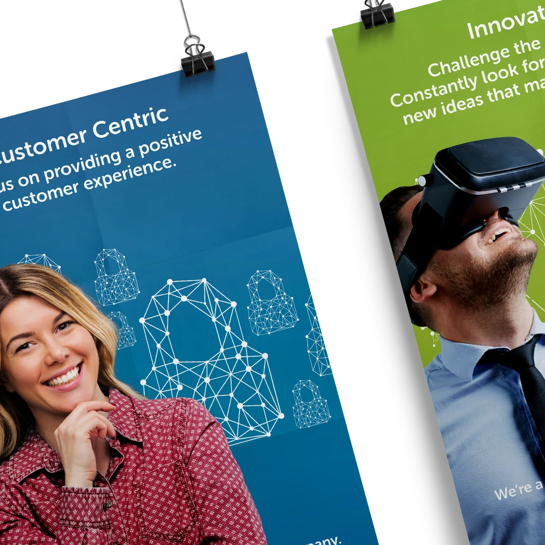 Poster with smiling woman and digital padlocks on blue background about customer-centric focus.