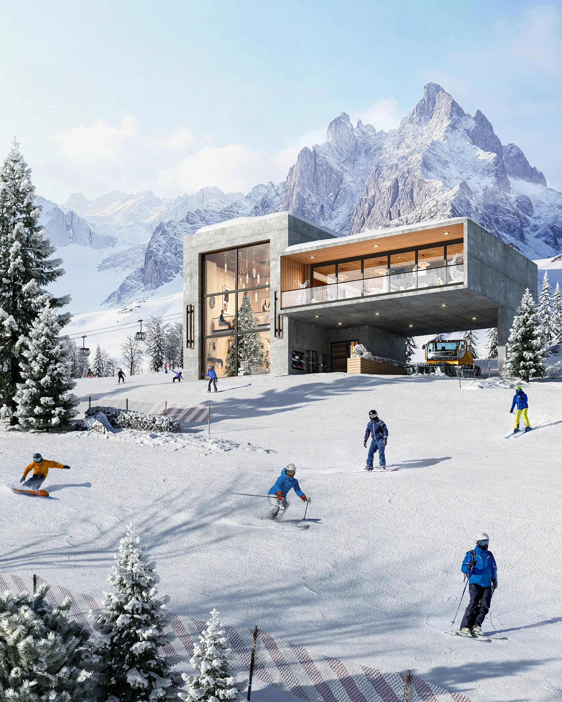 exterior 3d rendering of a ski resort