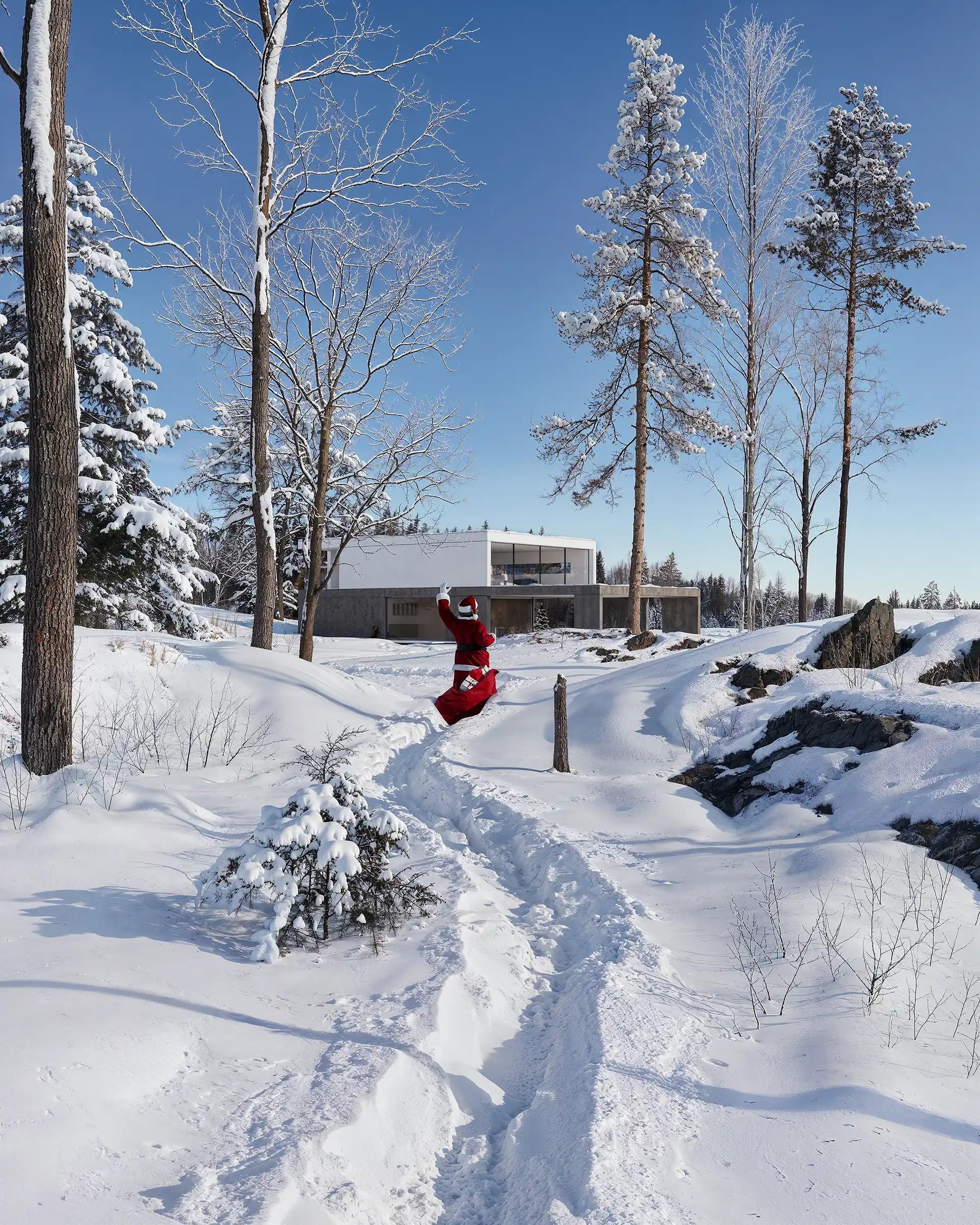 exterior 3d rendering of a winter scene