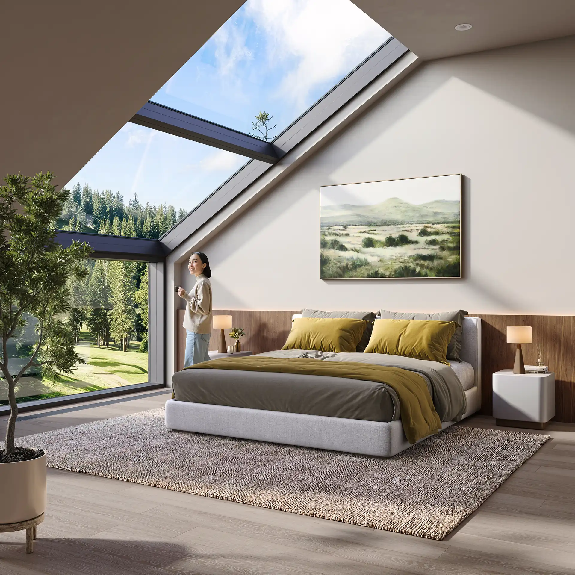 summer 3D visualization of a hotel room in the mountains