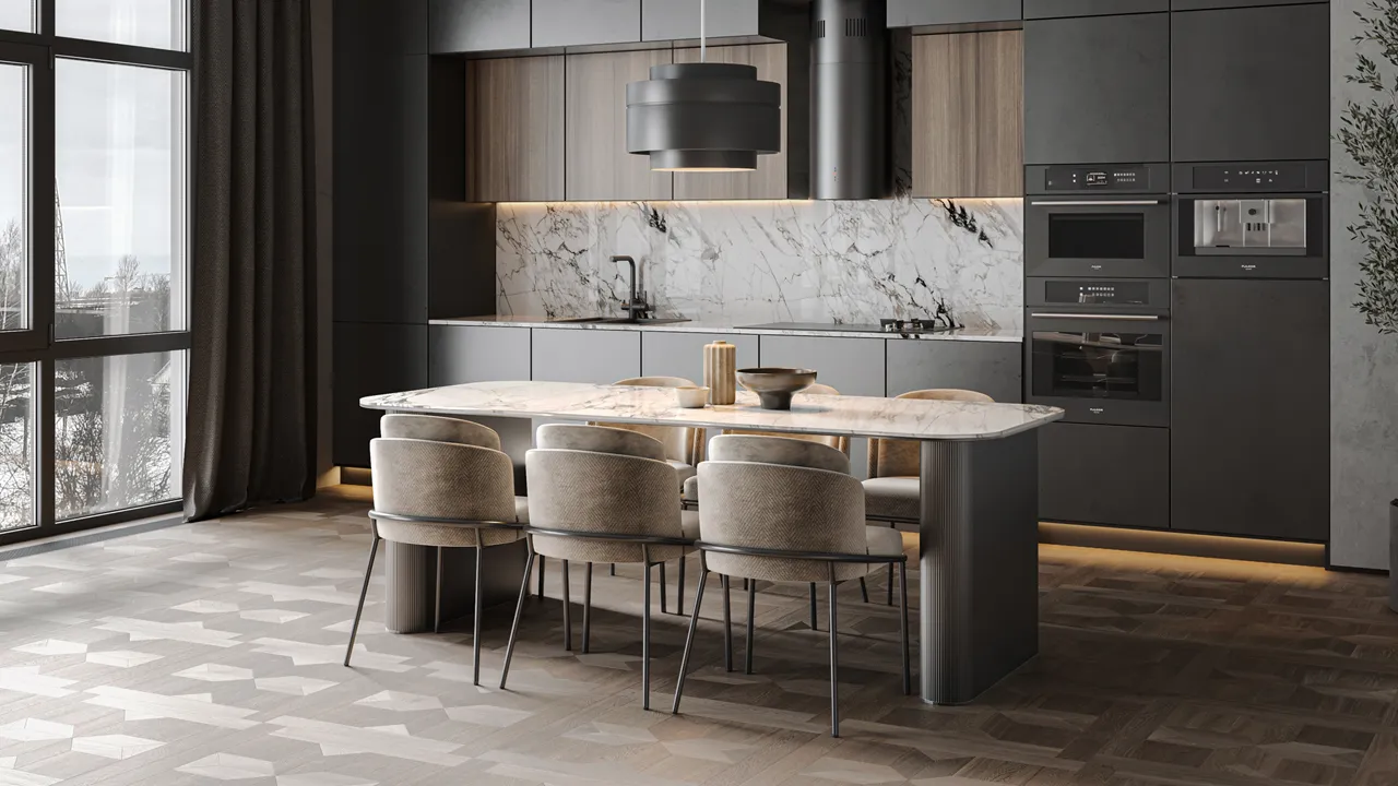 interior 3D visualization of a kitchen in a studio apartment in a big city
