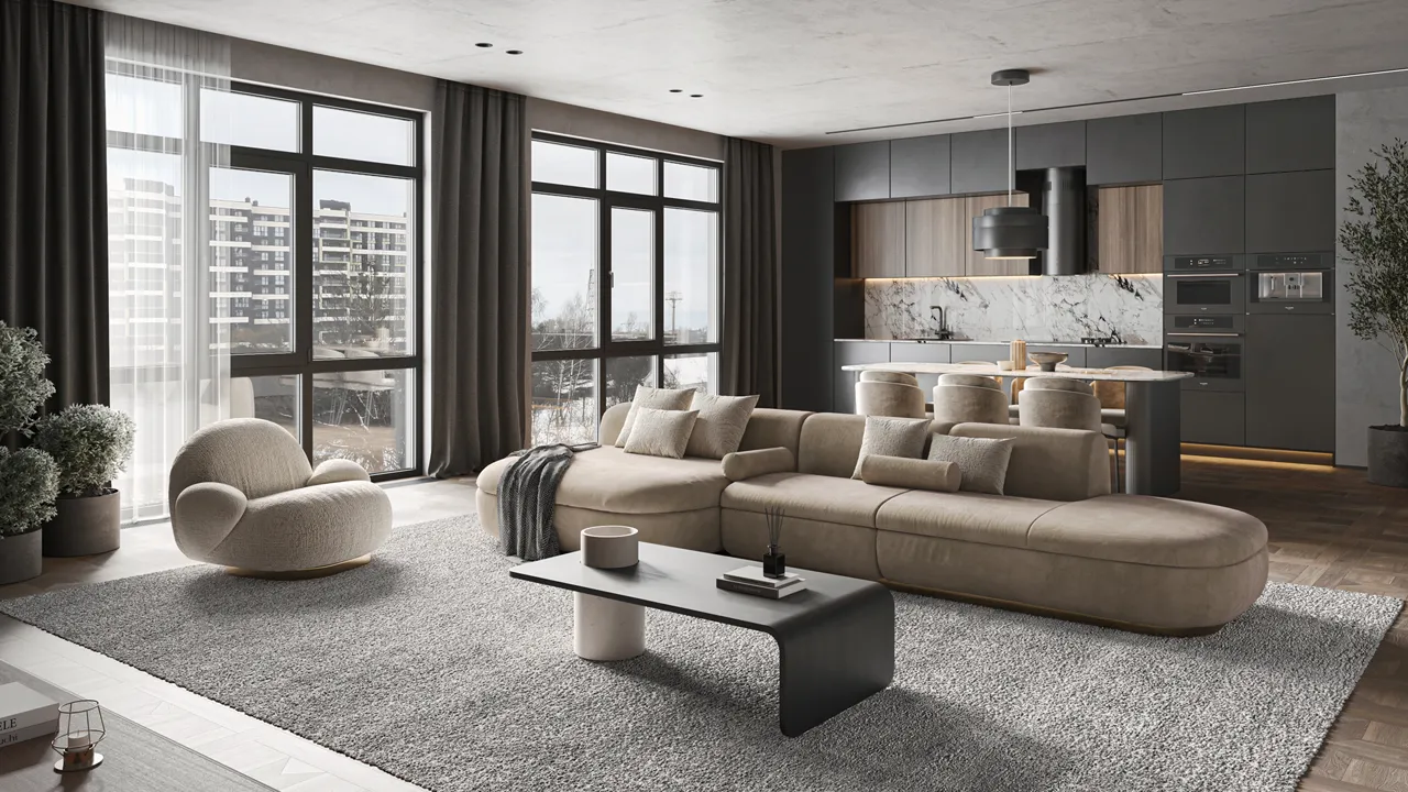 interior 3D visualization of a studio apartment in a big city