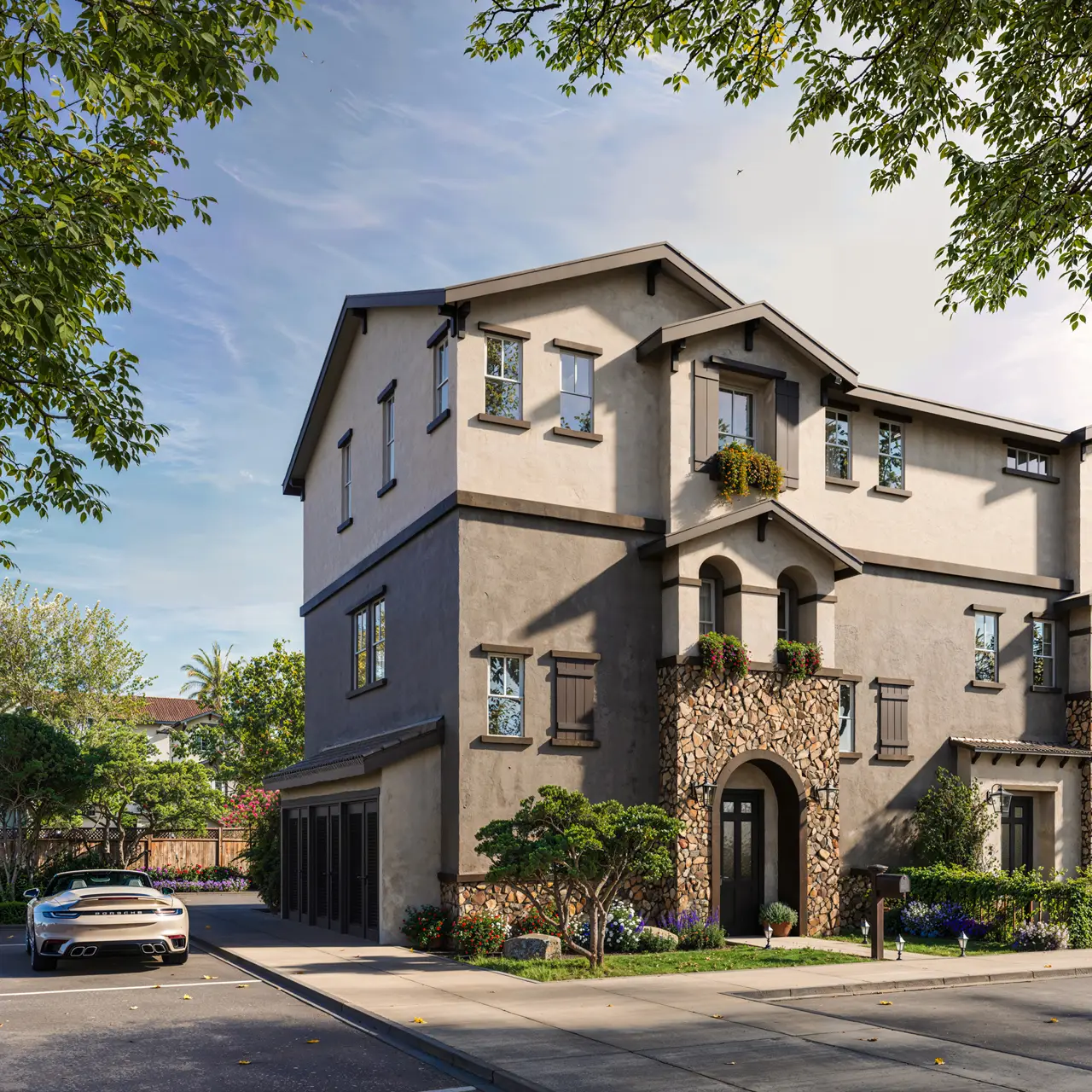 exterior architectural rendering of an apartment building in California