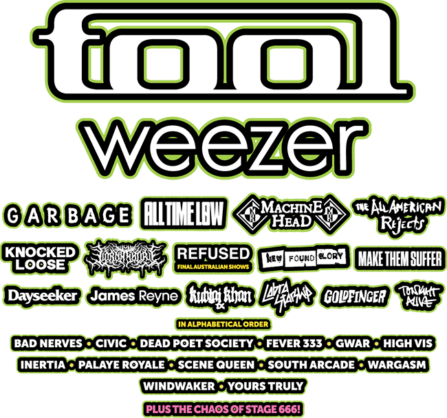 Full Good Things Festival 2025 lineup poster featuring TOOL, Weezer, Garbage, All Time Low, Machine Head, The All-American Rejects, Knocked Loose, Lorna Shore, Refused, New Found Glory, Make Them Suffer, Dayseeker, James Reyne, Kublai Khan TX, Cobra Starship, Goldfinger, Tonight Alive, Bad Nerves, Civic, Dead Poet Society, Fever 333, Gwar, High Vis, Inertia, Palaye Royale, Scene Queen, South Arcade, Wargasm, Windwaker, Yours Truly, plus Stage 666 performances and more.