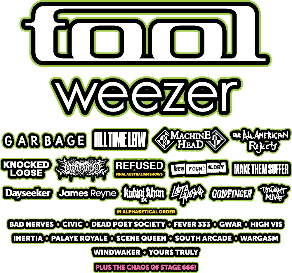 Full Good Things Festival 2025 lineup poster featuring TOOL, Weezer, Garbage, All Time Low, Machine Head, The All-American Rejects, Knocked Loose, Lorna Shore, Refused, New Found Glory, Make Them Suffer, Dayseeker, James Reyne, Kublai Khan TX, Cobra Starship, Goldfinger, Tonight Alive, Bad Nerves, Civic, Dead Poet Society, Fever 333, Gwar, High Vis, Inertia, Palaye Royale, Scene Queen, South Arcade, Wargasm, Windwaker, Yours Truly, plus Stage 666 performances and more.