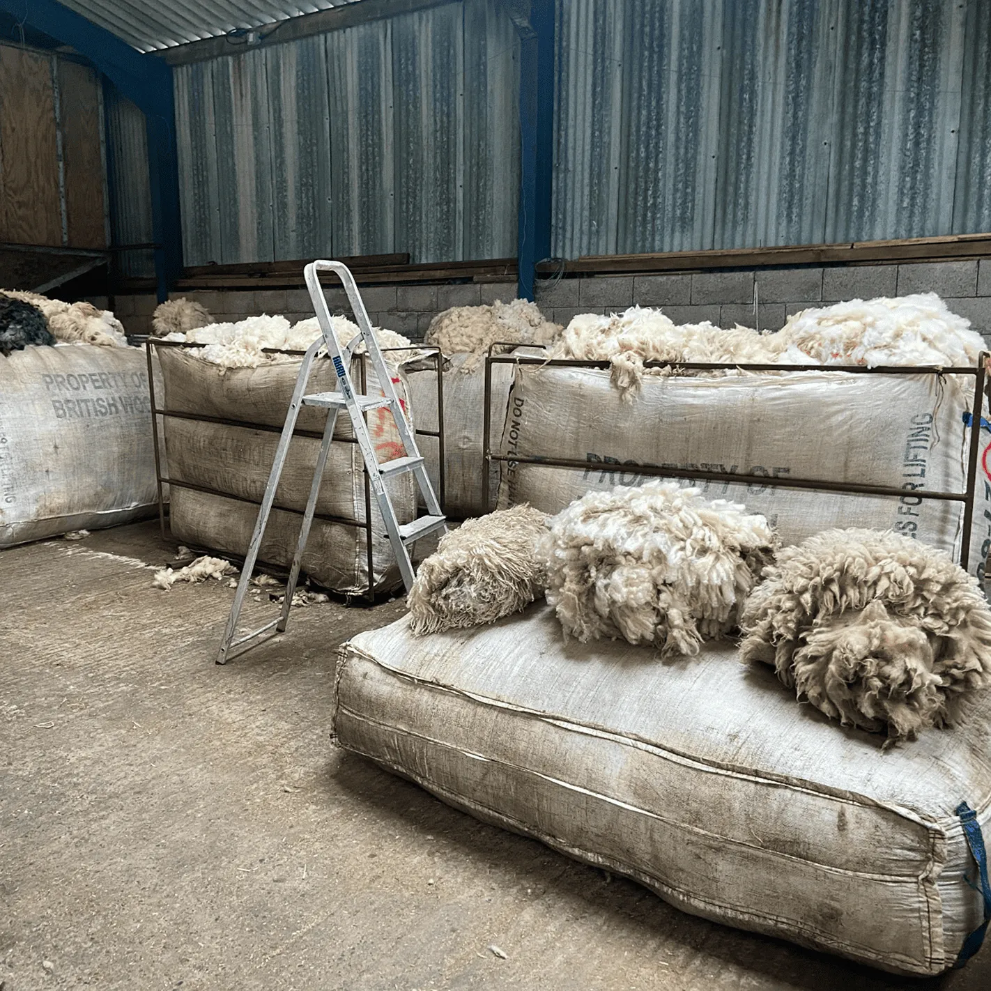 Large bags filled with wool in an industrial setting with a metal step ladder nearby.