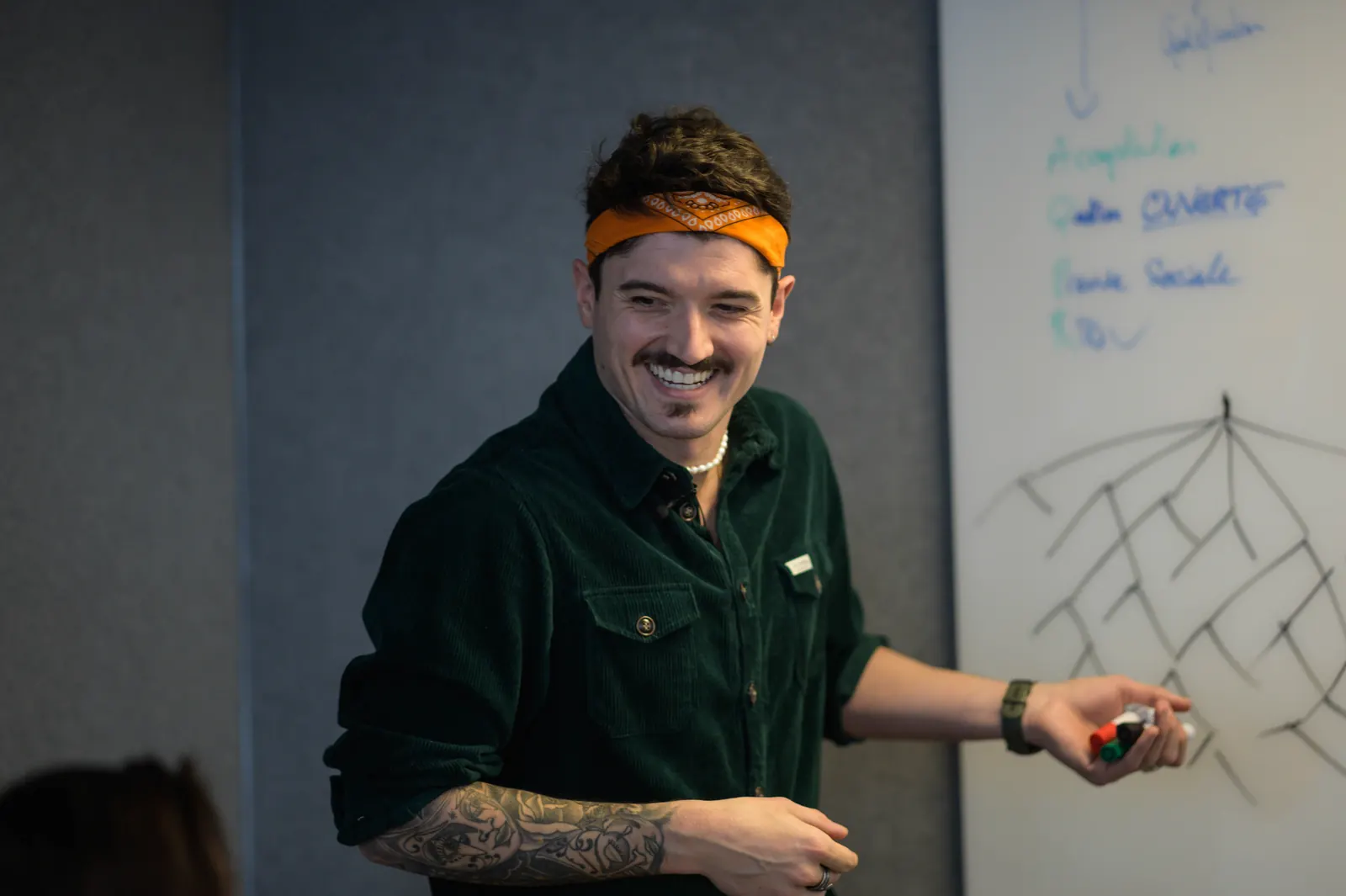 Enzo Colucci au bandana orange devant un tableau blanc, pendant une formation aux techniques de vente dans les locaux d'un client