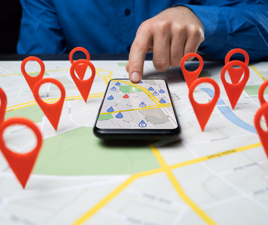 Mobile phone with map and markers illustrating local search impact of WordPress SEO Services.
