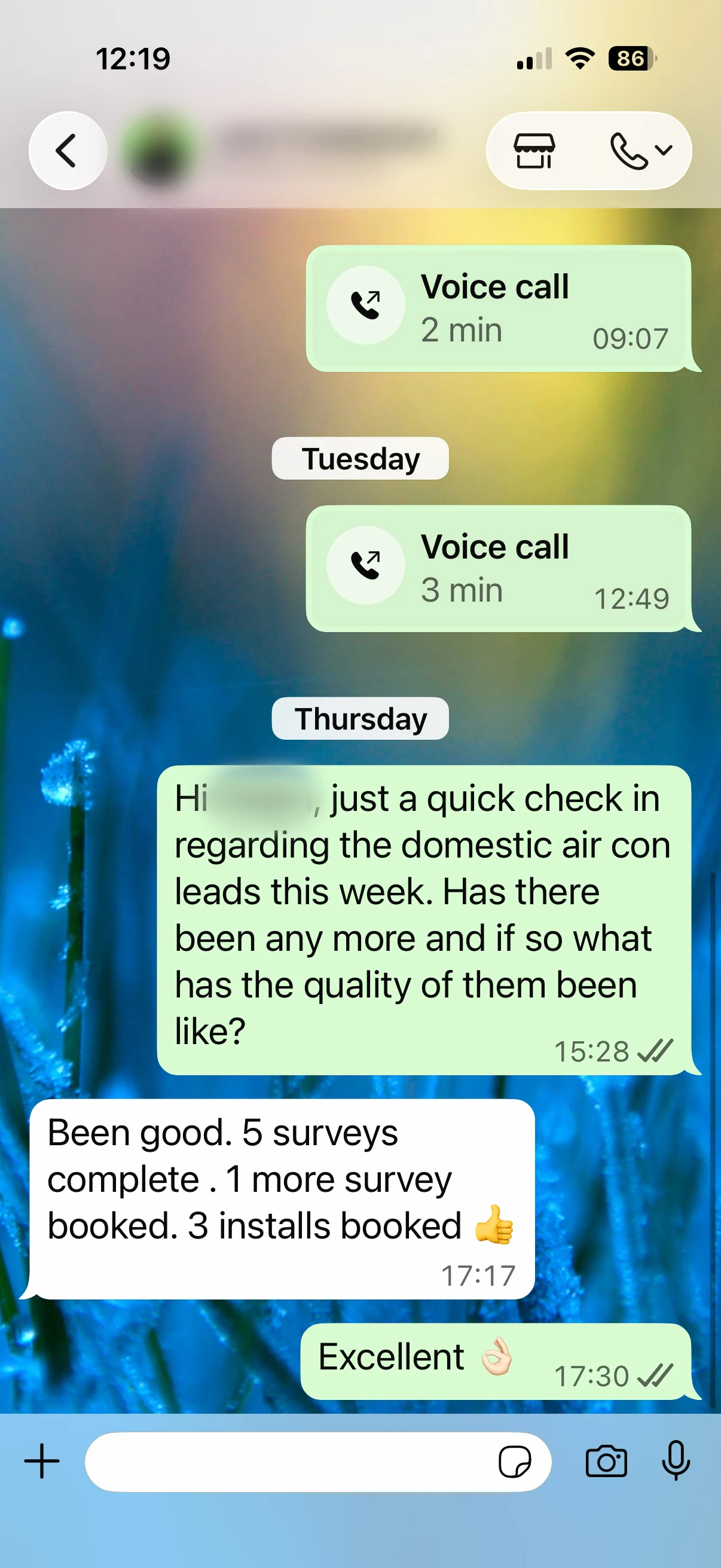 chat message with hvac client talking about results