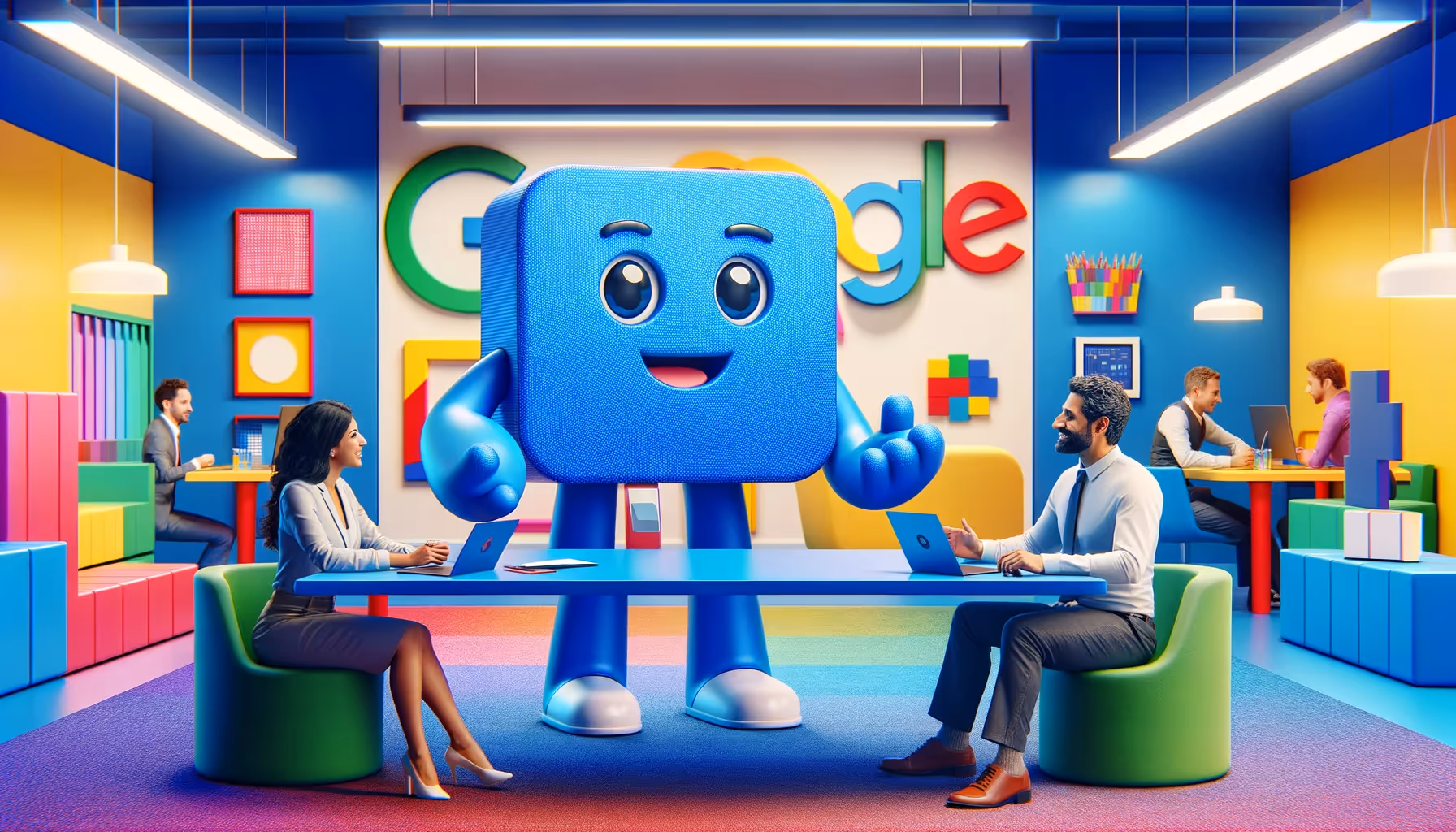 Deux professionnels assis à une table avec des ordinateurs portables, interagissant avec un grand personnage cartoon bleu amical dans un bureau coloré avec le branding Google.