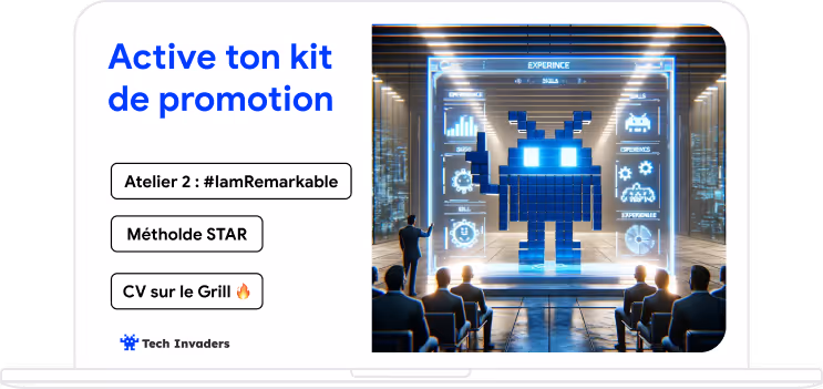 Écran d'ordinateur portable montrant une publicité d'événement de networking tech en français avec un texte sur le Reverse Networking et la stratégie LinkedIn à côté de figures robots pixelisées et de personnes assises sur du mobilier extérieur coloré.