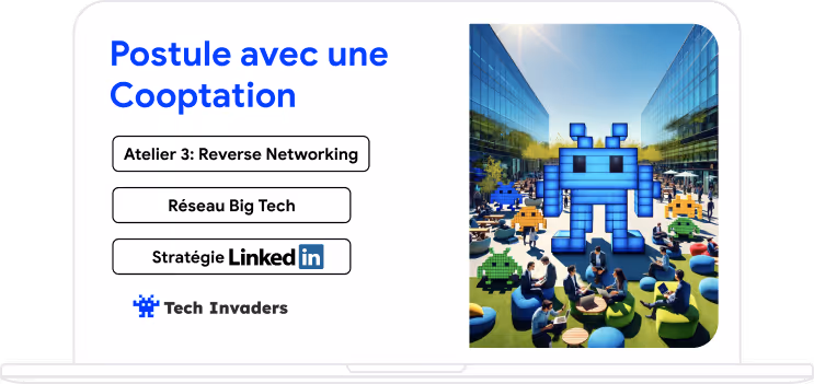 Écran d'ordinateur portable montrant une publicité de formation en français avec le texte "Deviens invincible en entretien" et des points clés pour des ateliers sur les conditions d'entretien réelles, les stratégies de rounds et les méthodes de pitch commercial, à côté d'un personnage gant de boxe cartoon derrière un bureau avec un CV.