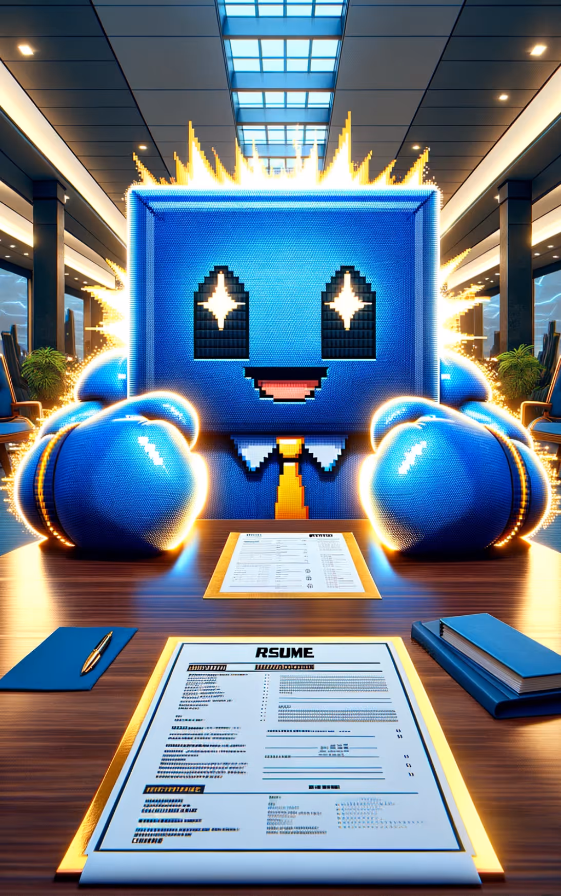Personnage pixelisé bleu lumineux avec des gants de boxe assis à un bureau dans un bureau moderne avec un CV et un stylo devant lui.