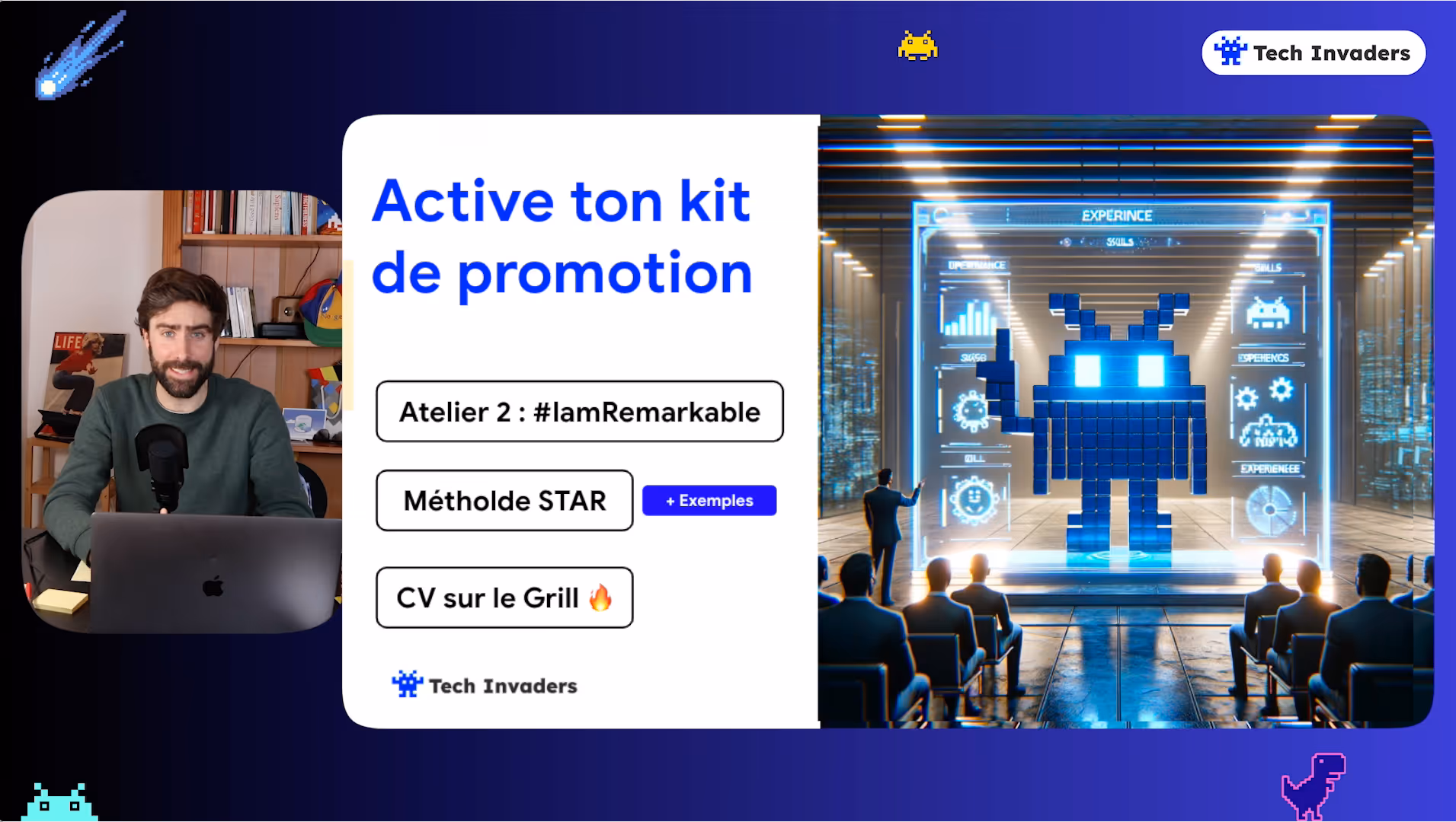 Homme avec barbe assis derrière un ordinateur portable à gauche, texte sur l'activation du kit de promotion en français au centre, et présentation de robot numérique futuriste avec public assis à droite.
