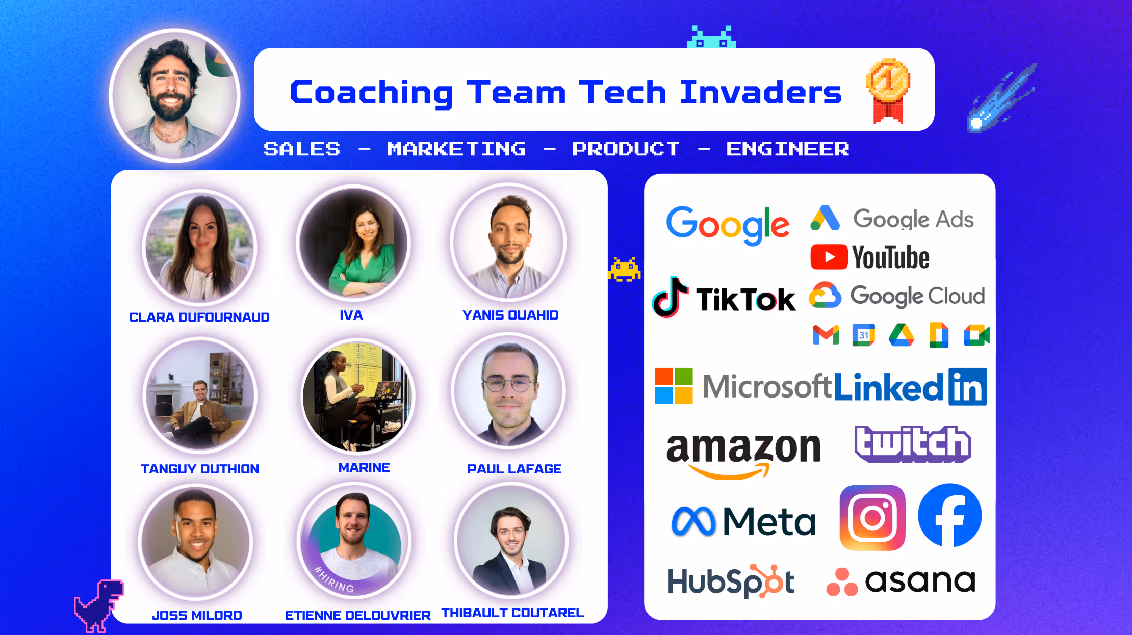 Coaching Team Tech Invaders avec photos de profil de neuf membres de l'équipe et logos d'entreprises tech associées incluant Google, TikTok, Microsoft, Amazon, Meta, Instagram, Facebook, HubSpot et Asana sur un fond dégradé bleu.