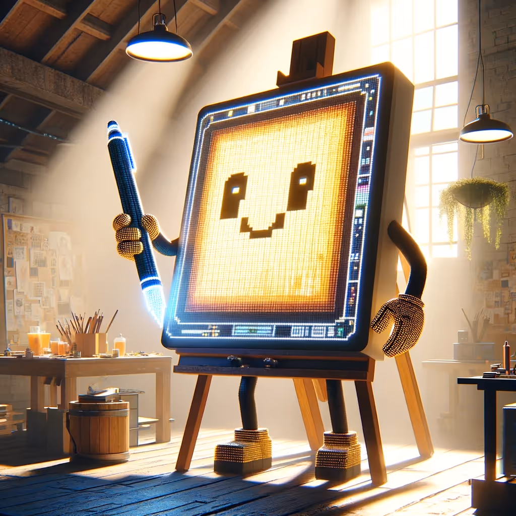 Toile d'art numérique animée avec un visage pixelisé souriant debout sur des jambes et tenant un stylet dans un studio d'artiste ensoleillé.