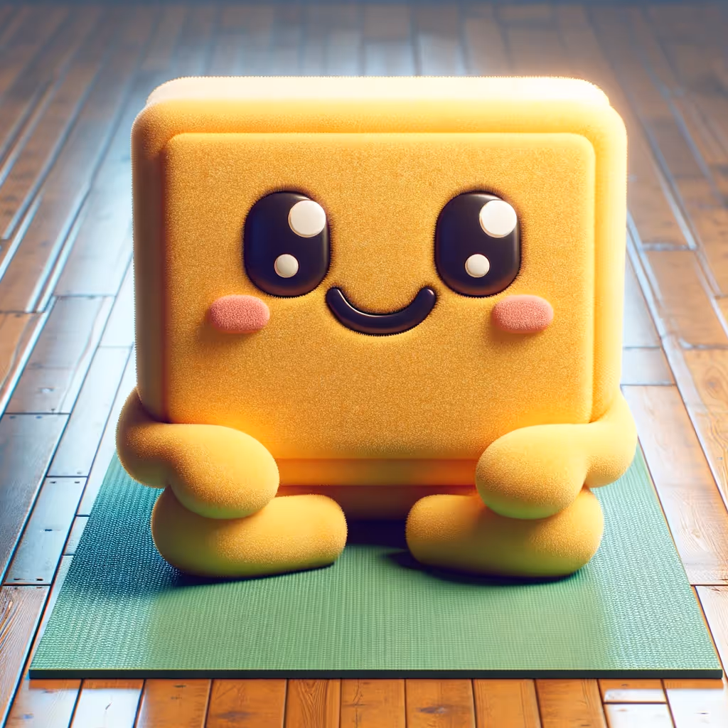 Personnage carré jaune 3D mignon avec de grands yeux et des joues roses assis sur un tapis de yoga vert sur un sol en bois.