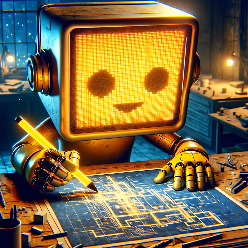 Robot avec un écran visage lumineux dessinant un plan avec un crayon brillant sur un bureau en bois dans un atelier.