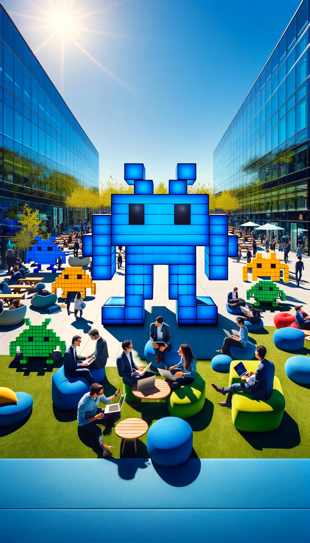 Réunion d'affaires en extérieur avec des personnes assises sur des poufs colorés autour de grands personnages aliens numériques pixelisés dans une place moderne entre des bâtiments en verre sous un soleil éclatant.