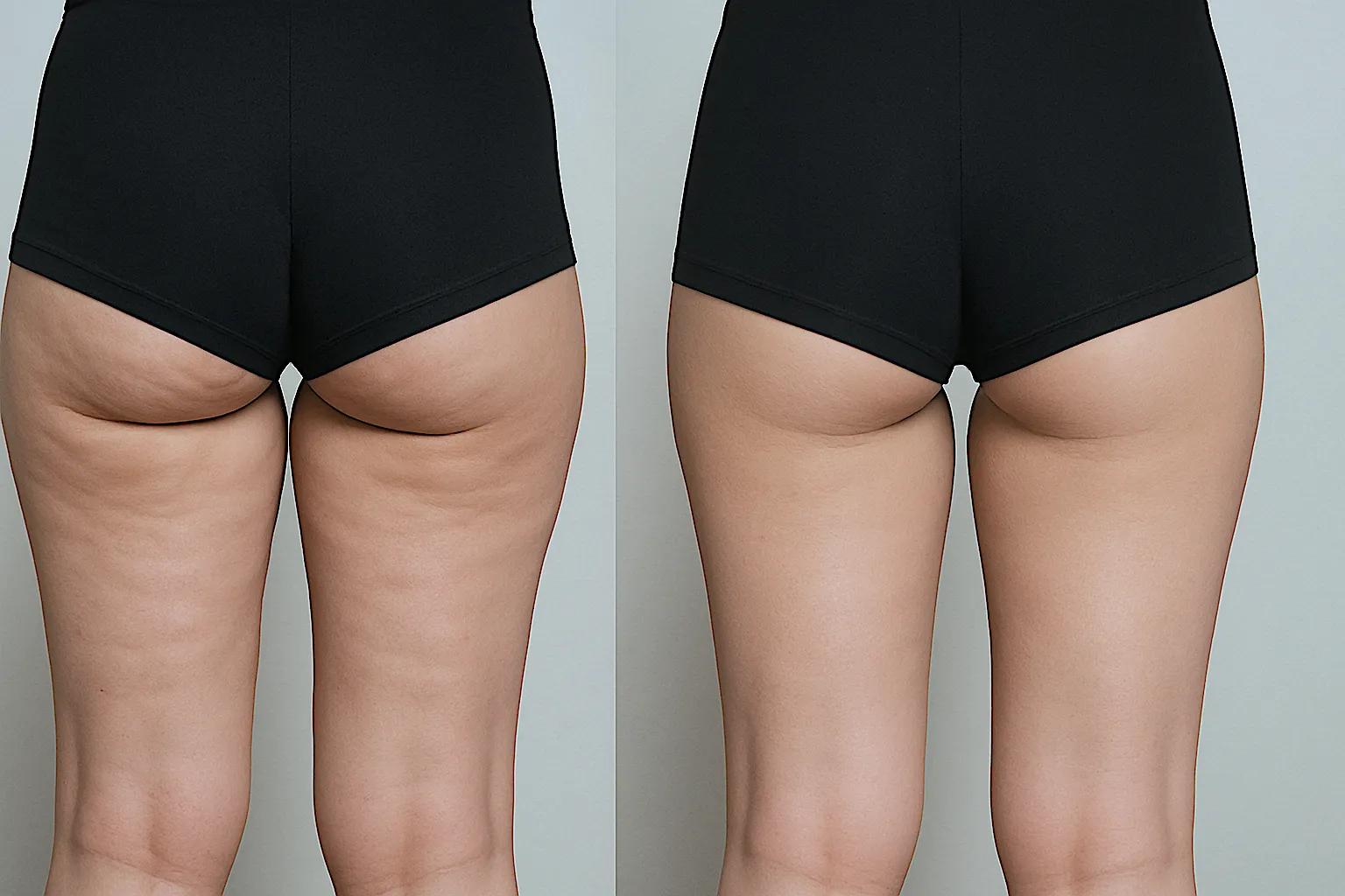 Side-by-side comparison of the back of a woman's thighs and buttocks, showing visible cellulite on the left and smoother skin on the right, illustrating a before-and-after treatment effect