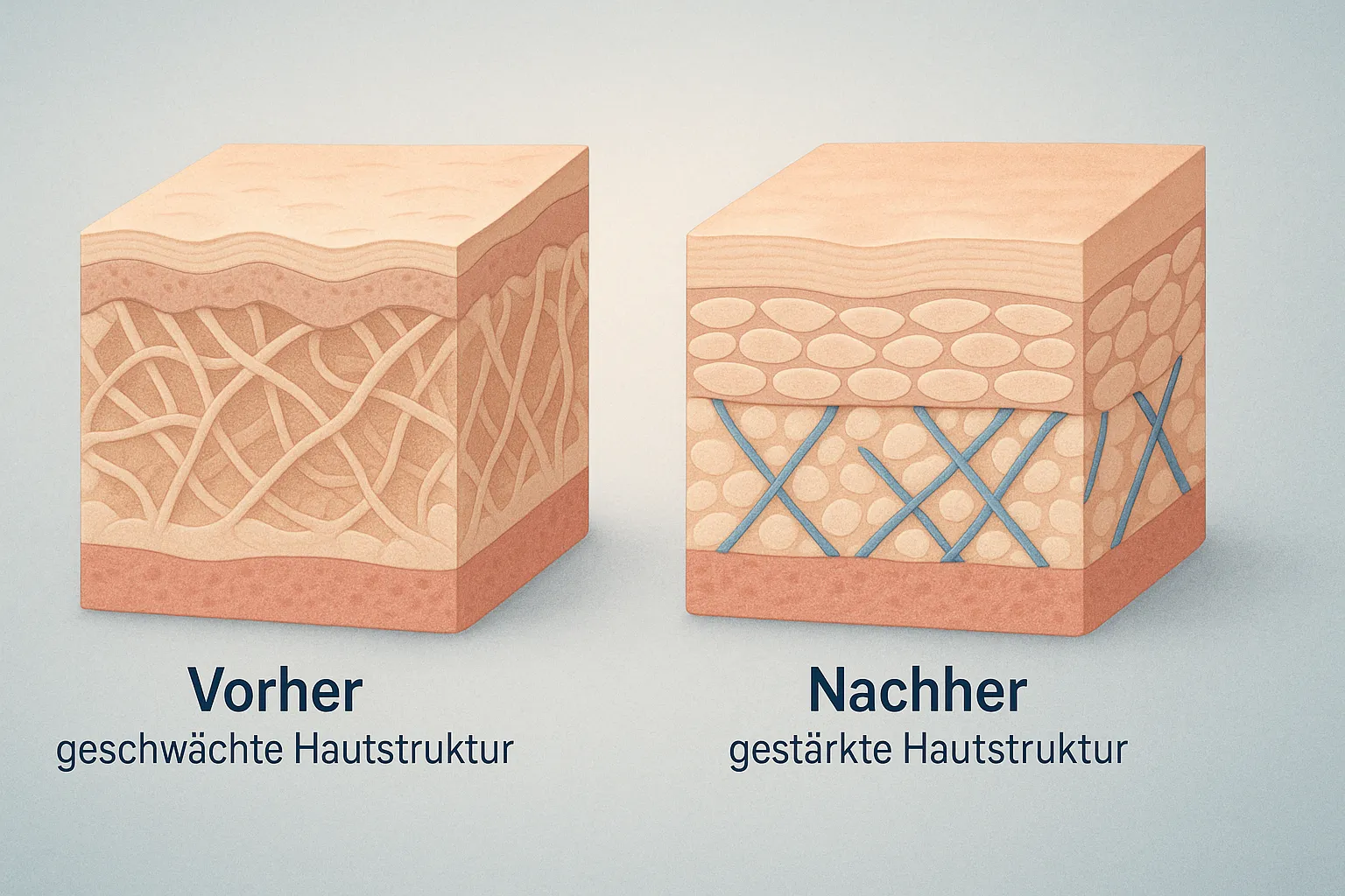 Medical illustration comparing weakened and strengthened skin structures. The left side shows loose collagen fibers labeled "Vorher – geschwächte Hautstruktur" (before – weakened skin structure), while the right side shows tighter, more structured fibers and fat cells labeled "Nachher – gestärkte Hautstruktur" (after – strengthened skin structure).