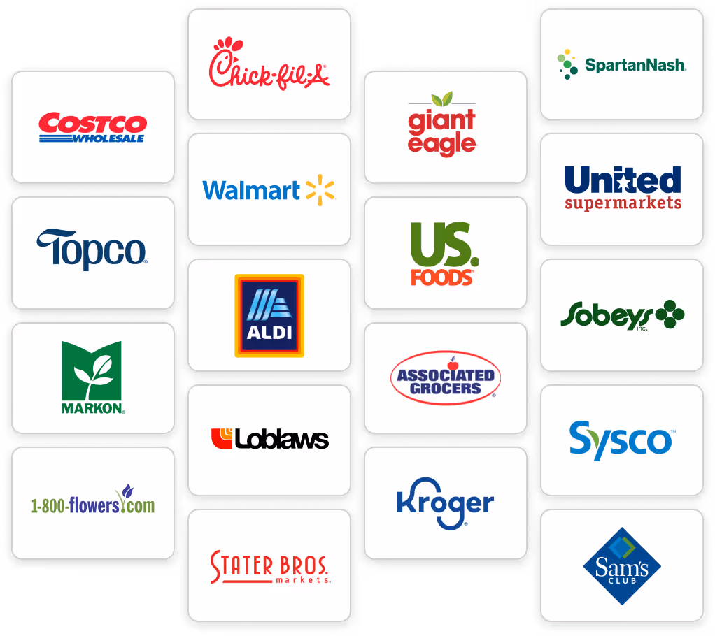 A graphic featuring logos of various grocery and retail chains including Costco, Chick-fil-A, Giant Eagle, United Supermarkets, Topco, US Foods, Aldi, Sobeys, and more.