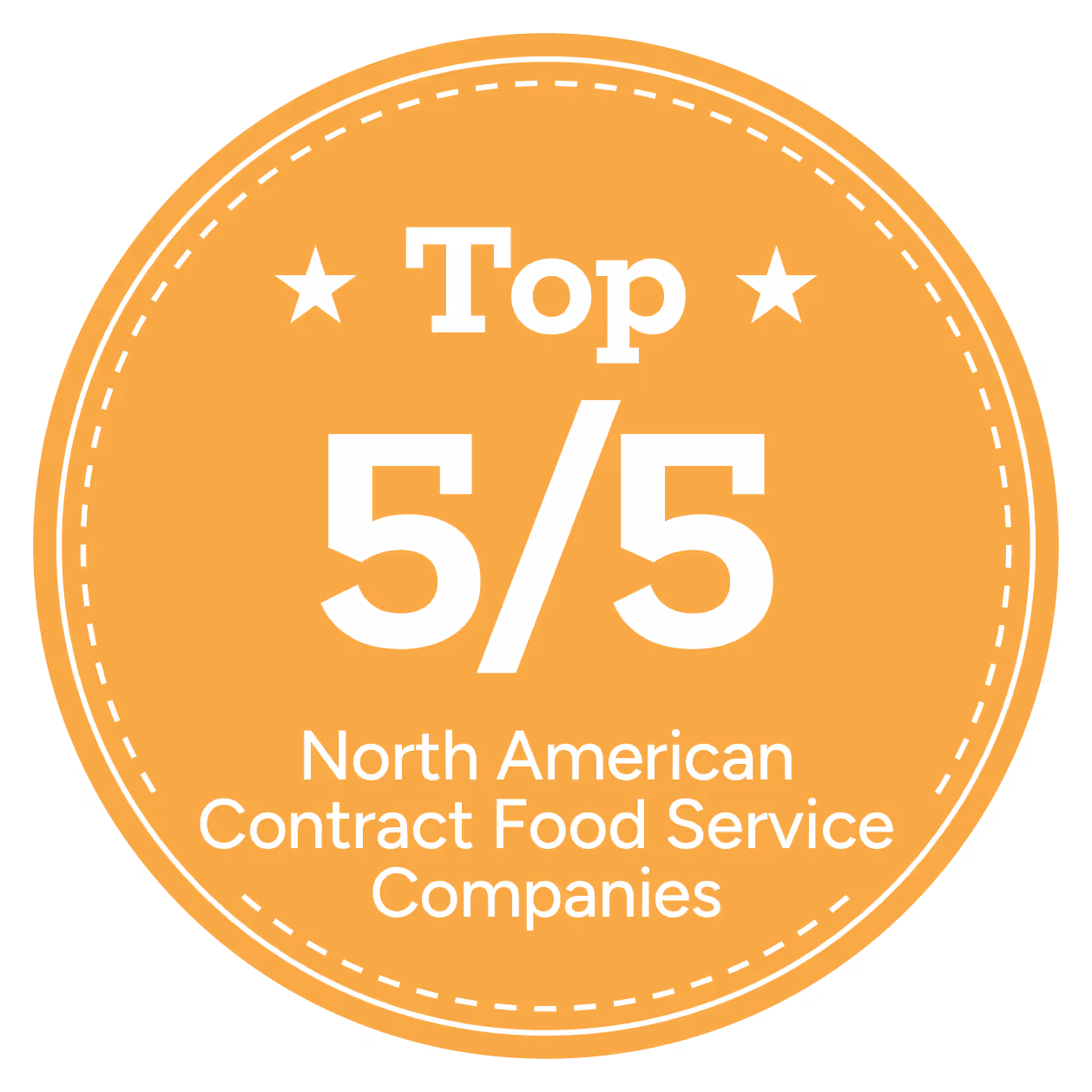 Round orange badge with the text "top 3/3 North American Contract Food Service Companies" and star decorations.
