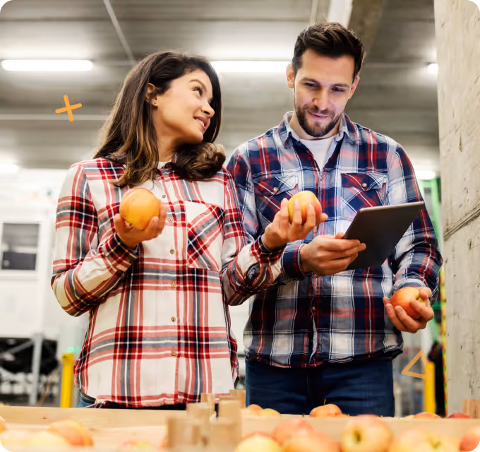 Two men, one in a dark shirt and the other in a cap, reviewing documents on traceability solutions in a greenhouse setting with statistical data on delivery performance overlaying the image.