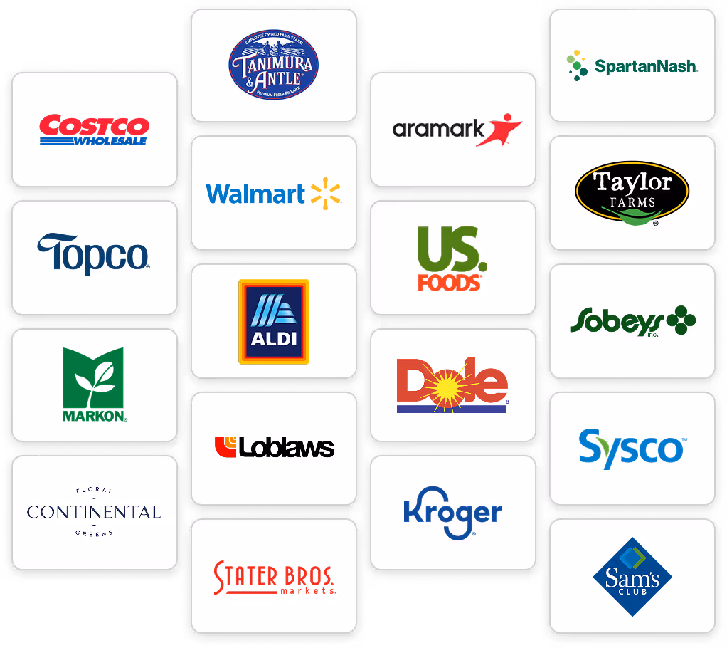 A graphic featuring logos of various grocery and retail chains including Costco, Chick-fil-A, Giant Eagle, United Supermarkets, Topco, US Foods, Aldi, Sobeys, and more.