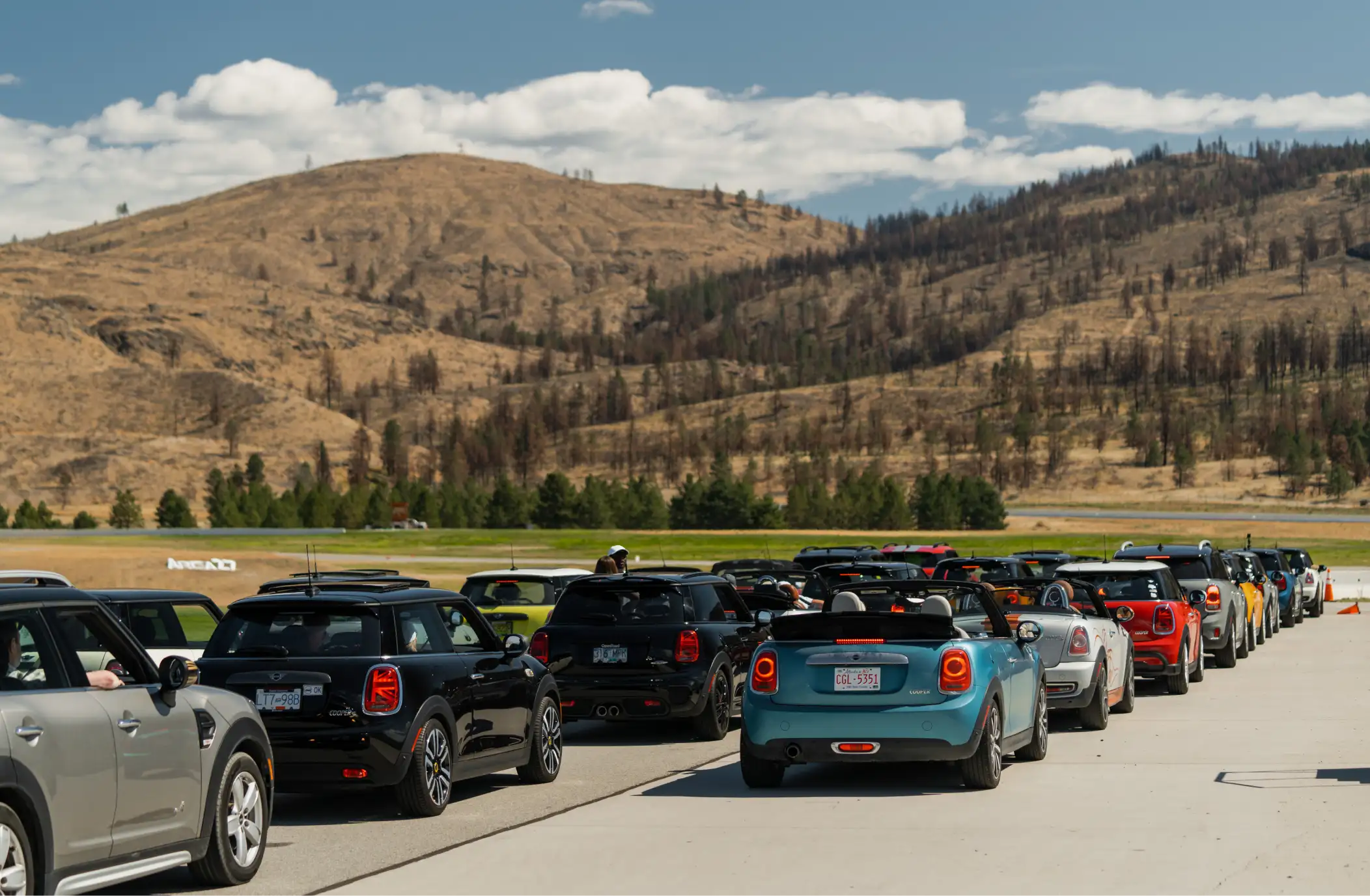 A colorful line of MINI Cooper models, including hardtops and convertibles, are staged for a group drive at an outdoor event venue