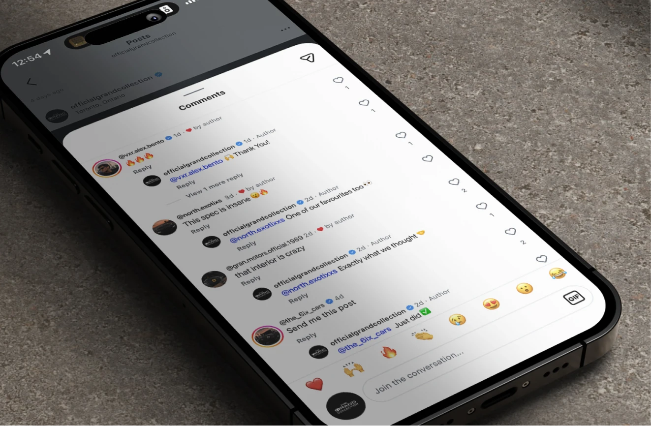 Close-up of Instagram comment section on a luxury automotive post, highlighting active community engagement for The Grand Collection
