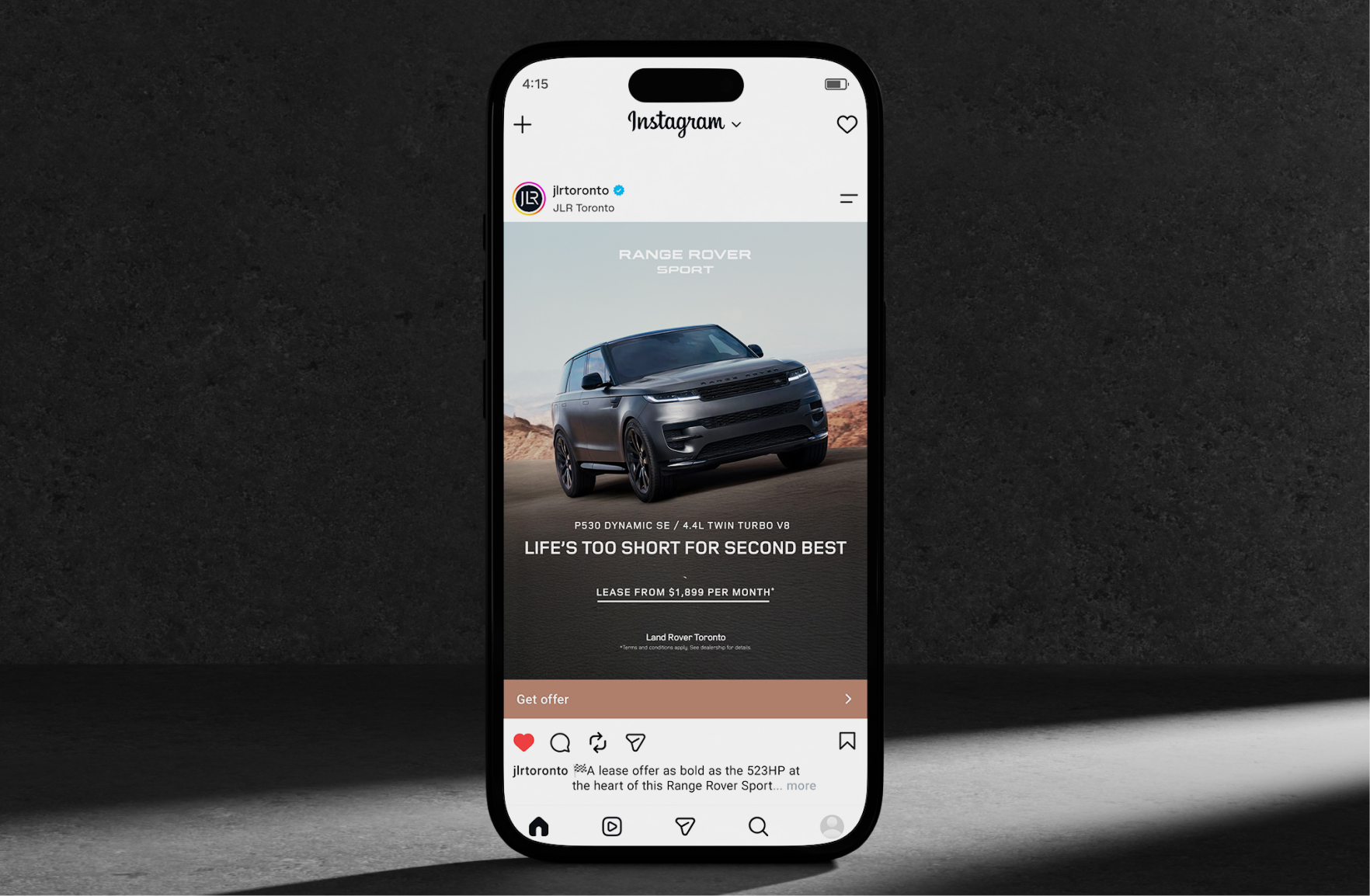 Instagram ad on smartphone promoting Range Rover Sport lease offer from JLR Toronto, highlighting digital lead generation for luxury automotive.