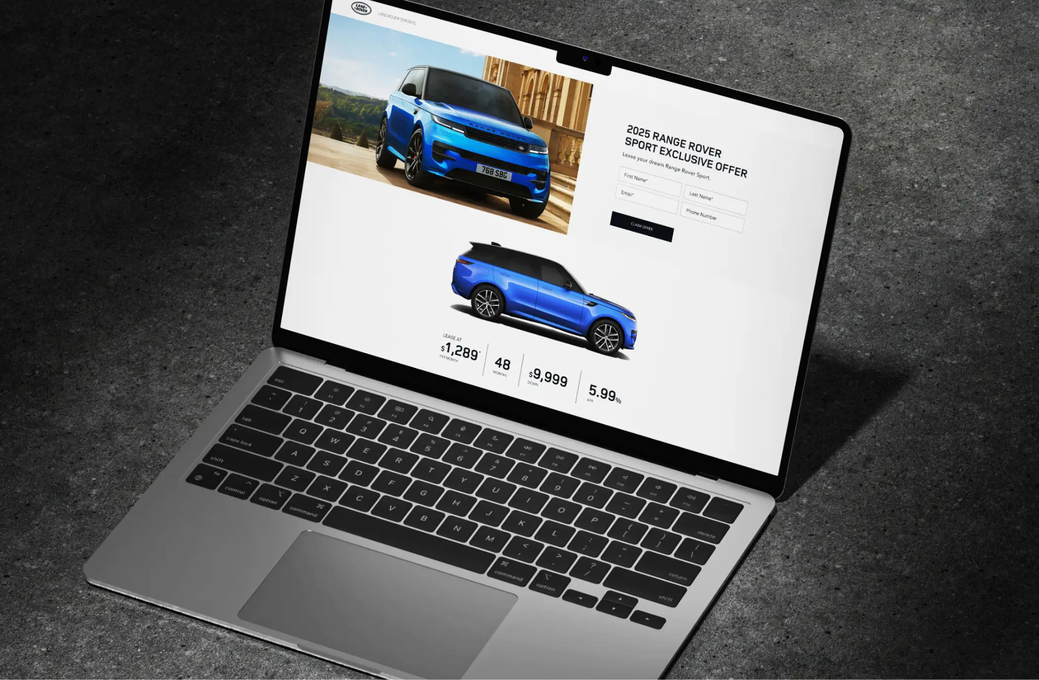 Laptop displaying JLR Toronto’s 2025 Range Rover Sport lease webpage, illustrating digital conversion design for luxury automotive lead generation.