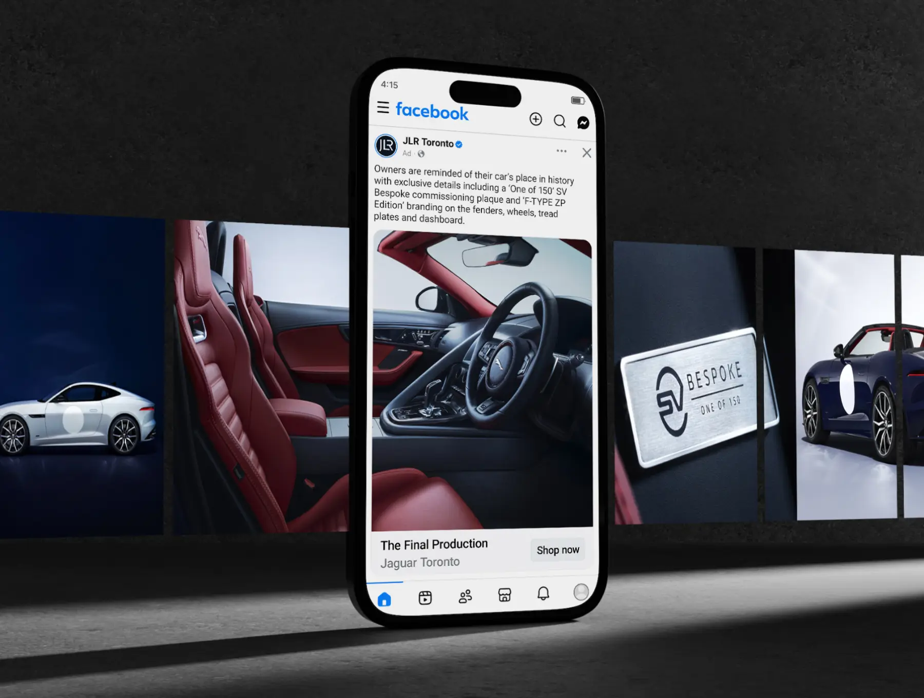 Smartphone displaying JLR Toronto Facebook ad for Jaguar F‑TYPE ZP Edition with red‑leather interior and bespoke “One of 150” badge, highlighting exclusivity and craftsmanship.