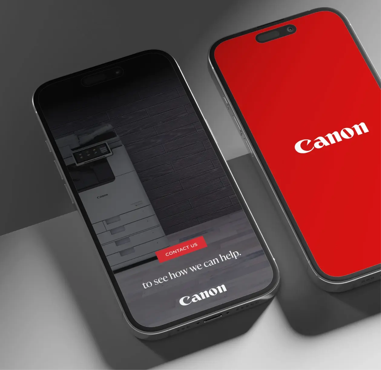 Two smartphones display Canon’s commercial copier campaign, including a printer landing page with a prominent contact call to action.