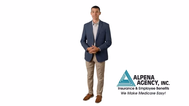 Man in business casual attire standing next to Alpena Agency, Inc. logo with tagline 'Insurance & Employee Benefits - We Make Medicare Easy!'