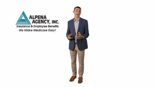 Man in blazer and khaki pants standing and gesturing next to Alpena Agency, Inc. logo with text about Medicare insurance benefits.