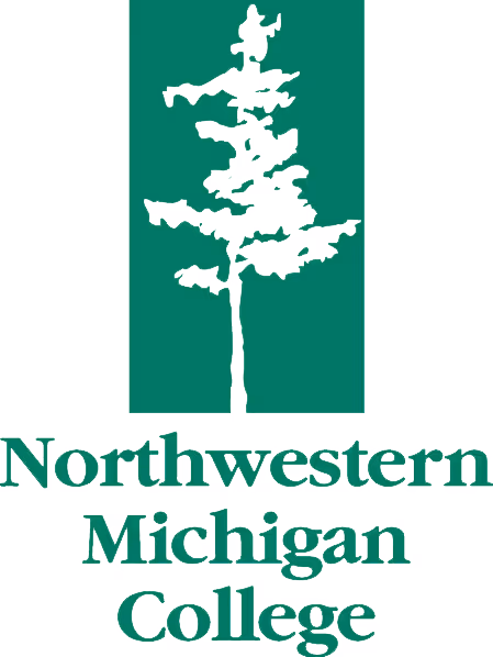 Silhouetted pine tree inside a green rectangular background above the text Northwestern Michigan College in green serif font.