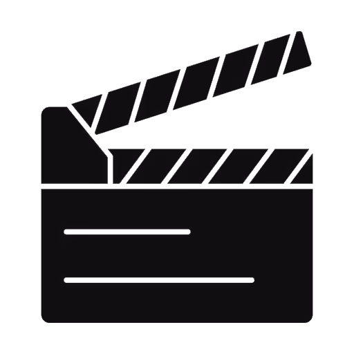 Black silhouette icon of a clapperboard used in filmmaking with diagonal stripes on the clapstick.
