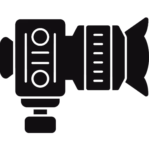 Black silhouette icon of a DSLR camera with lens and viewfinder.